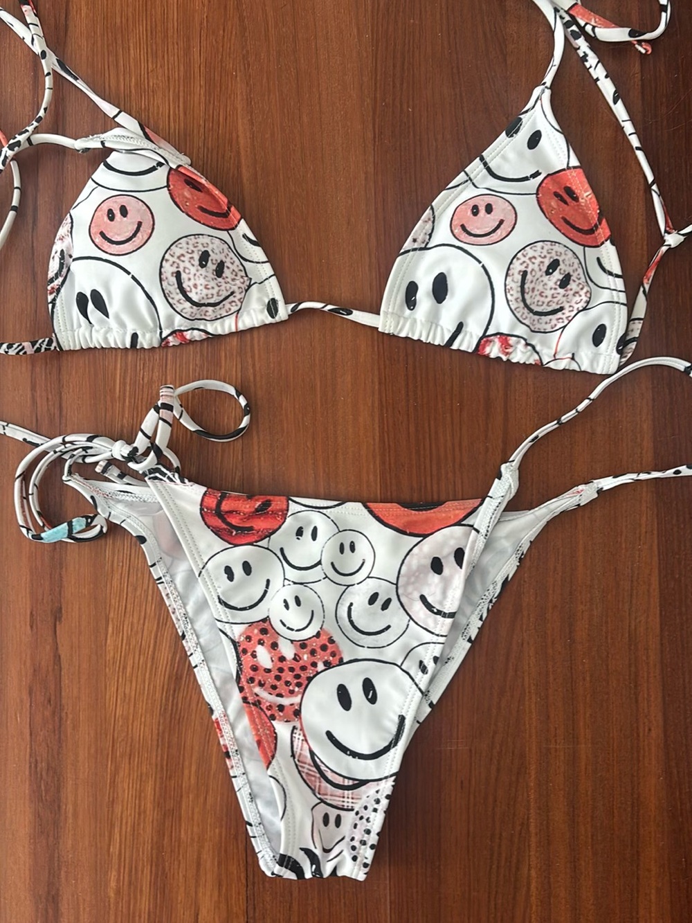 SHEIN White Bikini with Red & Black Smiley Print